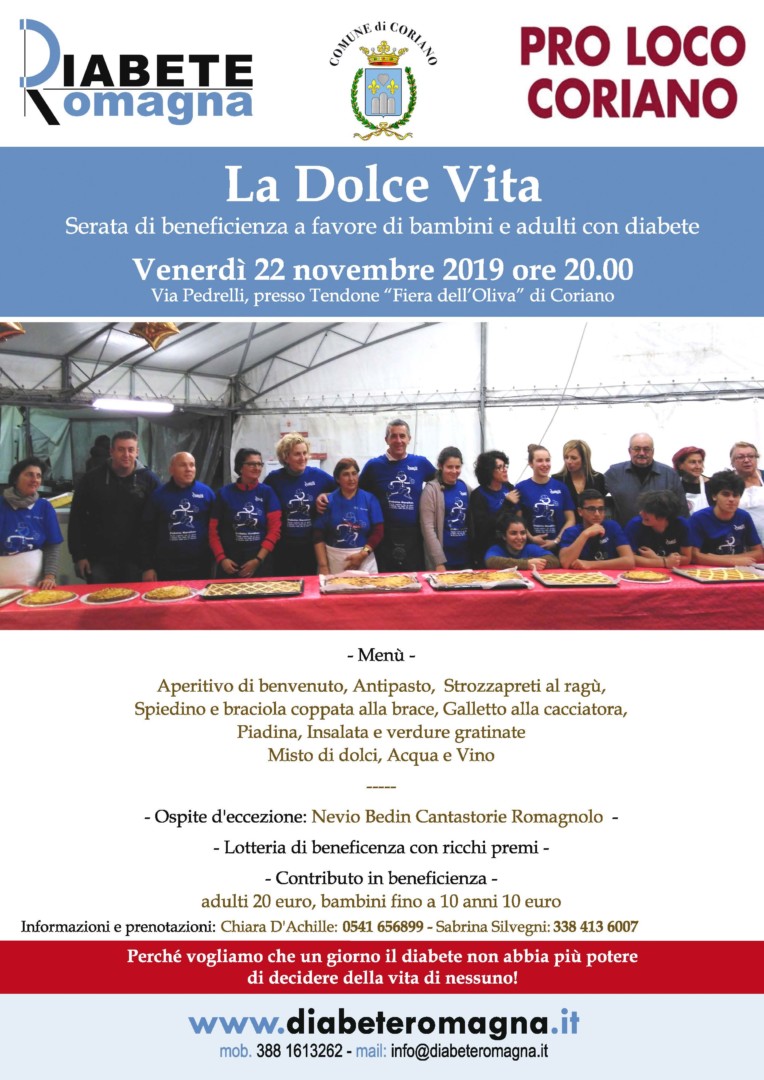 Quarta Edizione Per “La Dolce Vita”, Pro Loco Di Coriano E Diabete Romagna Con “Nevio Bedin – Cantastorie Romagnolo” Per Una Serata Di Beneficenza A Favore Delle Persone Con Diabete